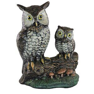 Vintage Owl Mom Baby Perched On Log With Mushrooms Figurine Hand Painted